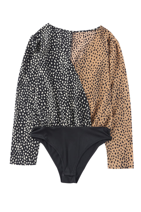 Spliced Leopard Print Wrap Long Sleeve Bodysuit