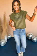 Guacamole Green Rhinestone Stars Stripes Graphic Studded Sleeve Tee