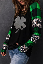 Green Leopard Plaid Patchwork Long Sleeve Rhinestone Lucky Clover Graphic Top