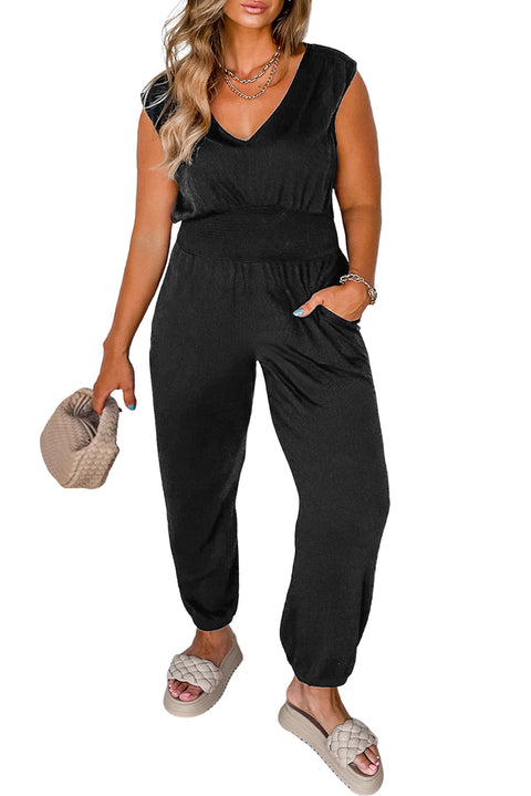 Black Plus Smocked High Waist Sleeveless V Neck Jumpsuit