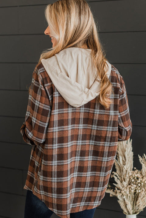 Brown Plus Size Plaid Contrast Button up Hooded Jacket