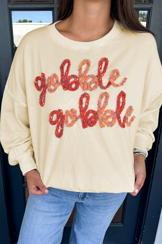 Apricot Thanksgiving Gobble Gobble Embroidered Pattern Drop Shoulder Crew Neck Sweatshirt