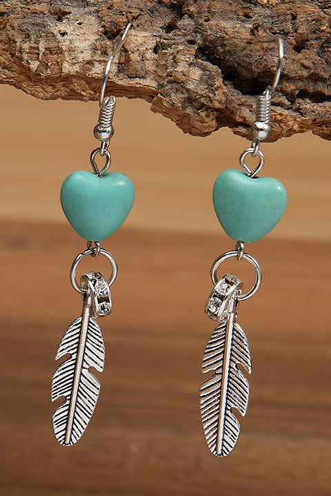 Silvery Turquoise Heart Shape Alloy Feather Drop Earrings