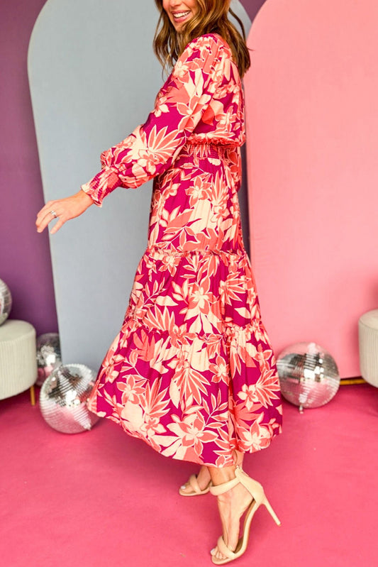 Rose Floral Print Buttoned Smocked High Waist Maxi Dress
