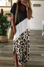 Leopard Color Block Side Slit T Shirt Maxi Dress