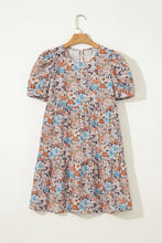 Apricot Bohemian Floral Print Short Puff Sleeve Mini Dress