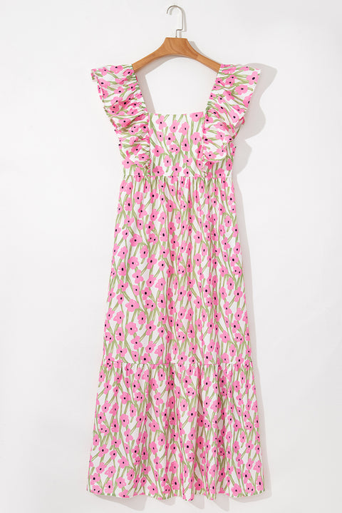 Pink Floral Print Square Neck Ruffled Strap Maxi Dress