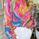 Pink Abstract Print Ruffled Sleeve Buttoned V Neck Blouse