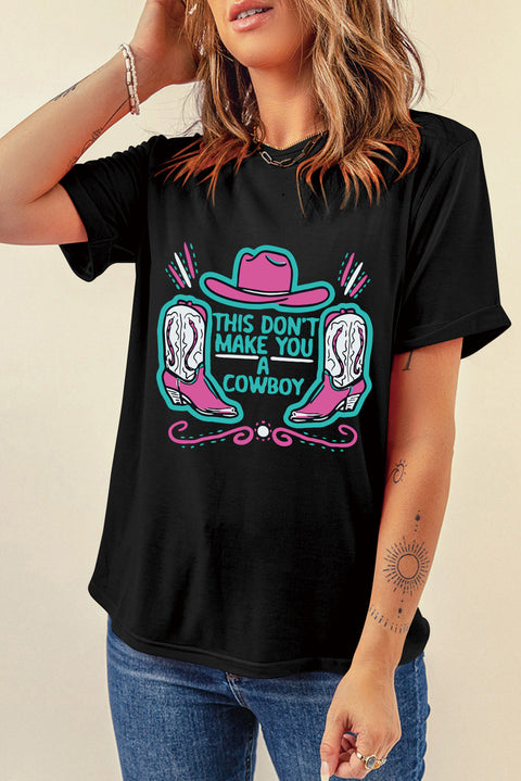 Black Western Hat and Boots Slogan Print Crew Neck T Shirt