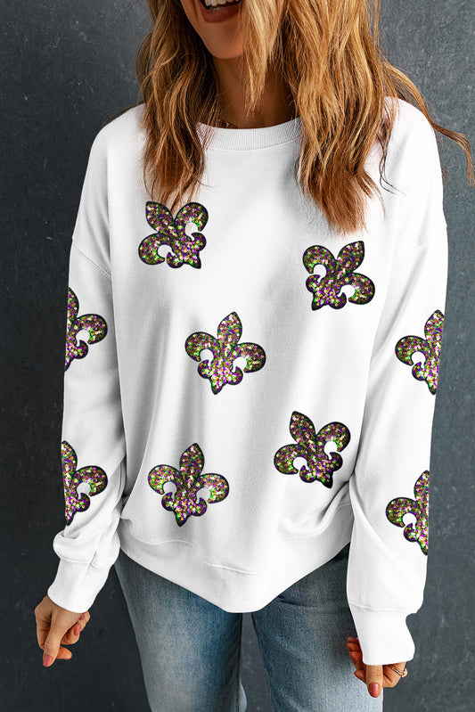 White Sequined Fleur De Lis Drop Shoulder Sweatshirt