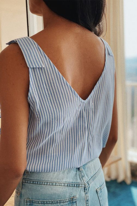 Sky Blue Stripe Scalloped V Neck Buttoned Tank Top