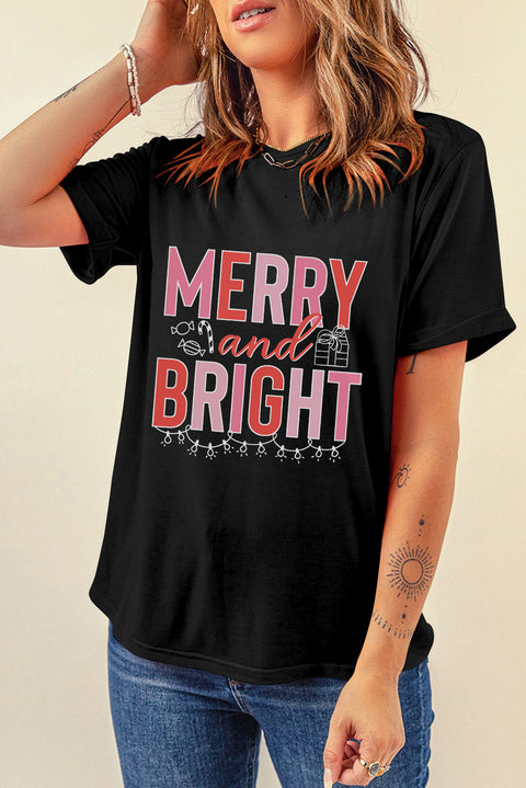 Black MERRY and BRIGHT Crew Neck Christmas Graphic Tee