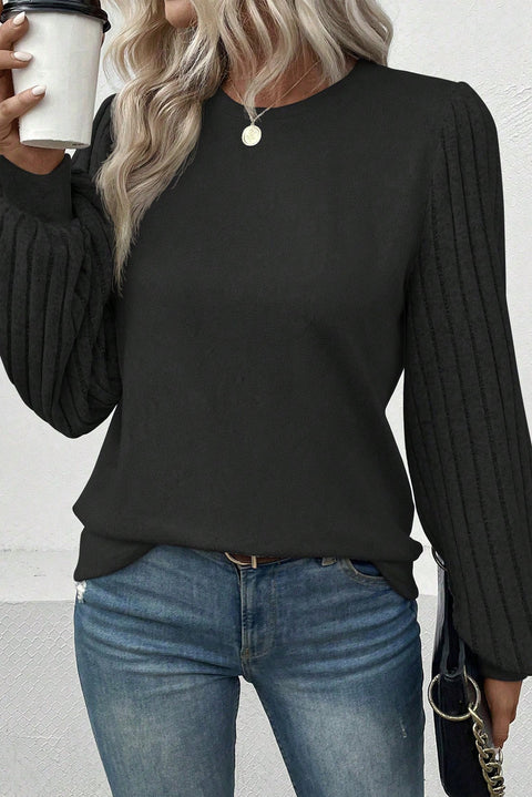 Black Contrast Ribbed Bishop Sleeve Top