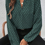 Green Geometric Print Notched Neck Puff Sleeve Blouse