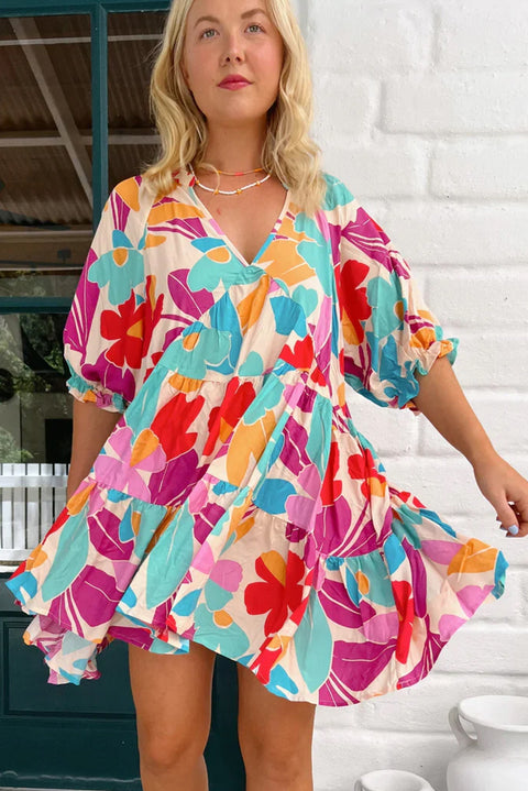 Multicolour Floral Tiered V Neck Plus Dress