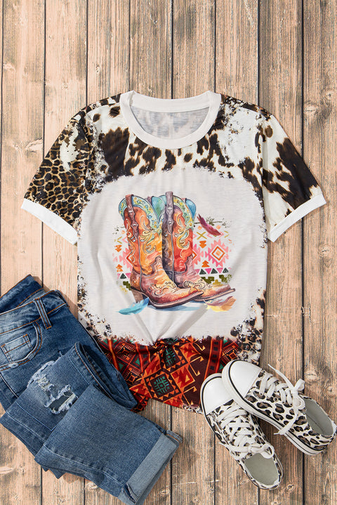 Dark Brown Cowboy Boots Graphic Bleached Leopard Aztec Print T Shirt