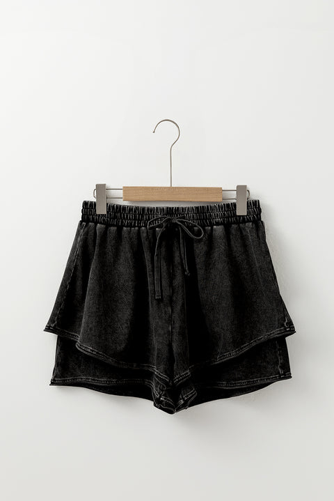 Black Mineral Wash French Terry High Waist Casual Shorts