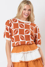 Orange Rugby Plaid Color Block Puff Short Sleeve Sweater