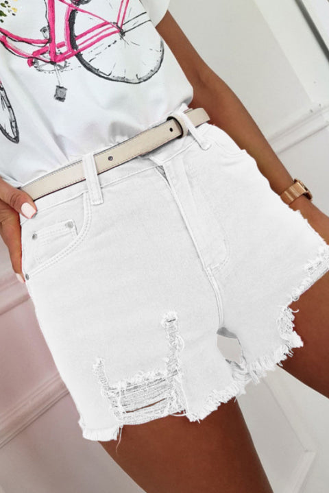 Solid Color Distressed Denim Shorts