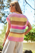 Pink Stripe Crochet Cap Sleeve Loose Fit Sweater T Shirt