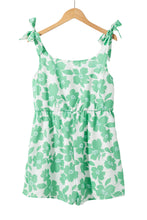 Green Flower Print Knotted Straps Square Neck Romper