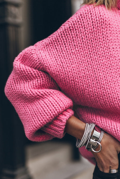 Suéter de hombros caídos con cuello alto de punto grueso rojo rosa 