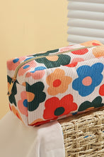 White Flower Print Zipper Square Corduroy Cosmetic Bag