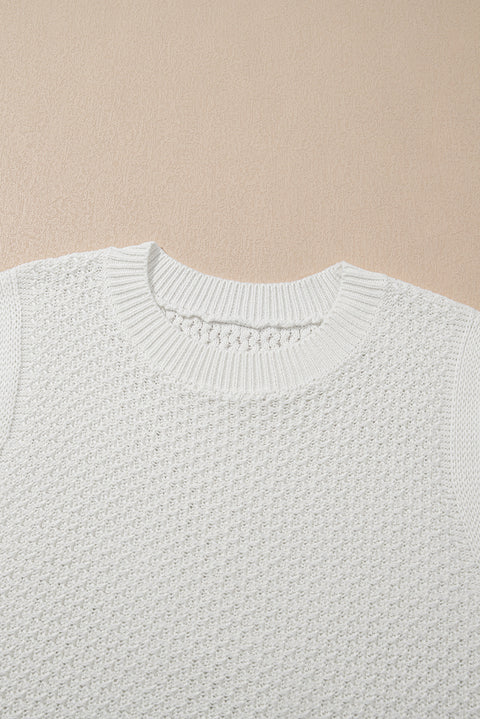 White Solid Color Eyelet Knit Crew Neck Sweater Vest