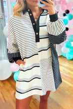 Black Stripe Colorblock Knit Henley Collar Shift Long Sleeve Mini Dress