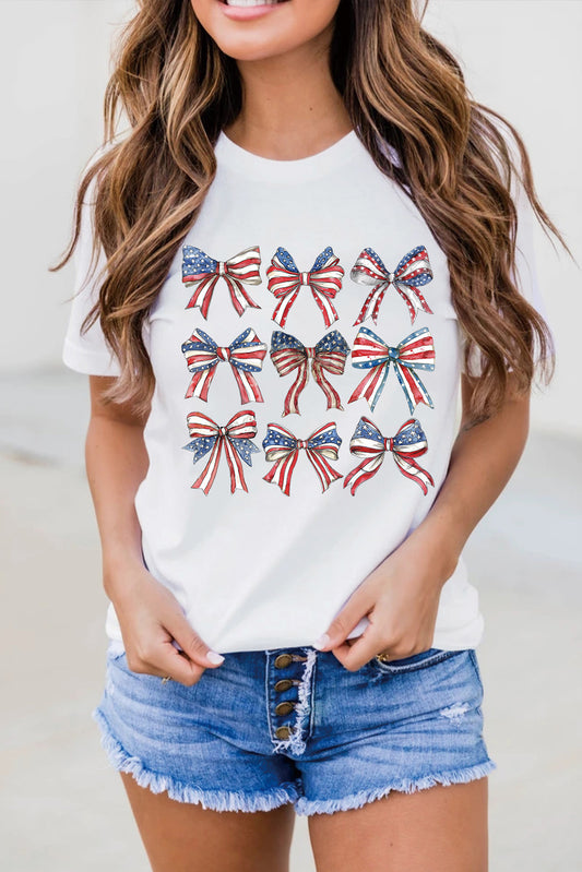 White American Flag Bow Knot Print Crew Neck Casual Tee