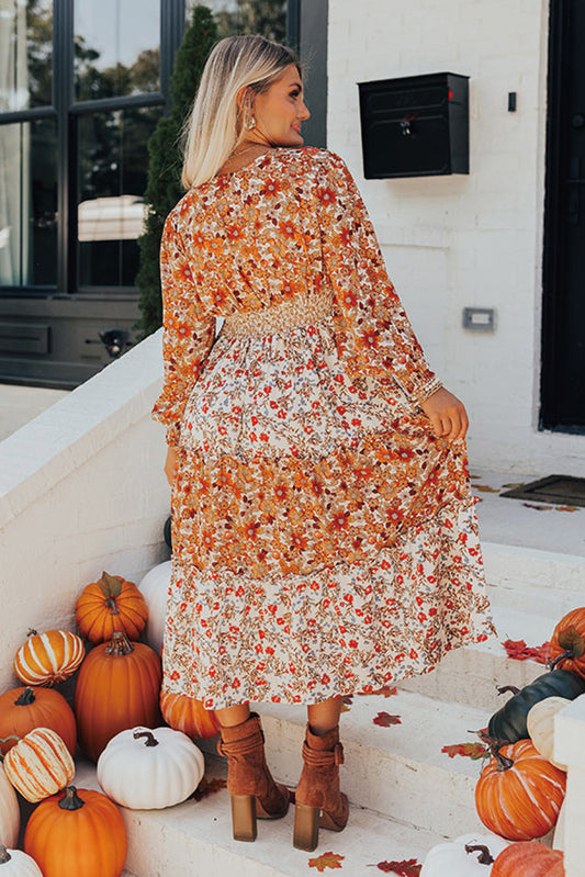 Khaki Floral Print Ruffled Tiered Long Sleeve V Neck Midi Dress