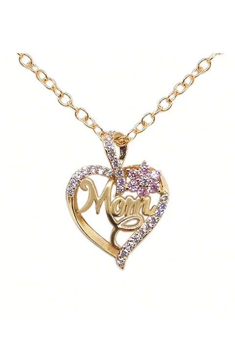 Gold Mom Rhinestone Flower Hollow-out Heart Necklace