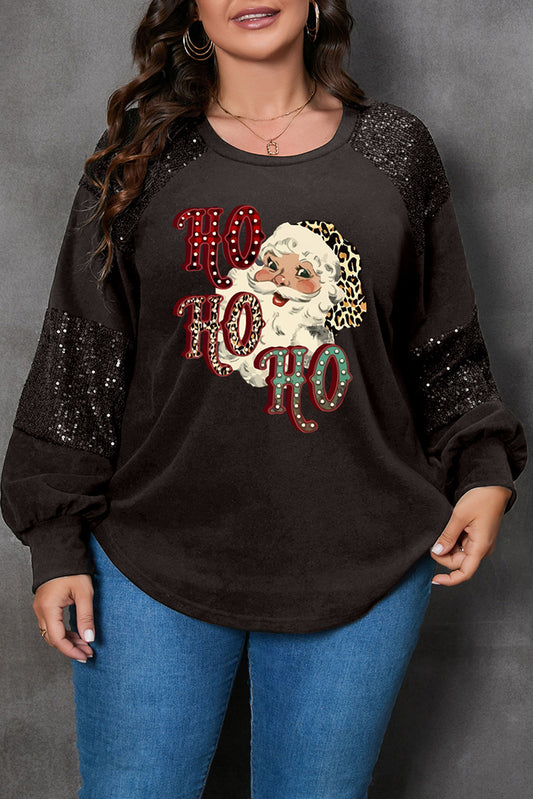 Black Plus HO HO HO Santa Graphic Sequined Puff Sleeve Top