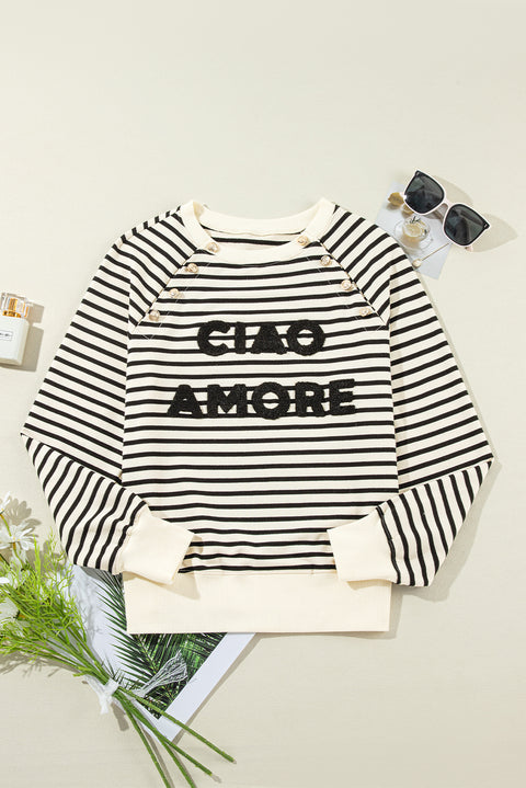 Black Stripe CIAO AMORE Graphic Buttoned Pullover Sweatshirt