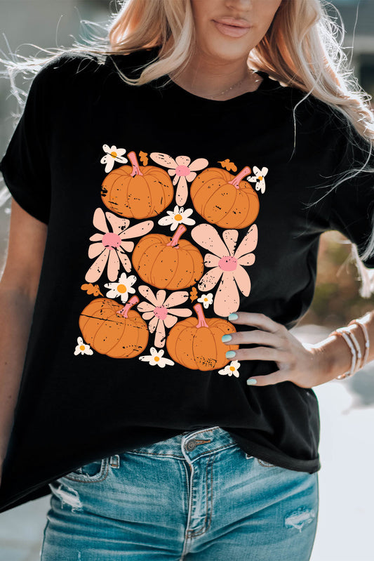 Black Pumpkin Flower Square Graphic Tee