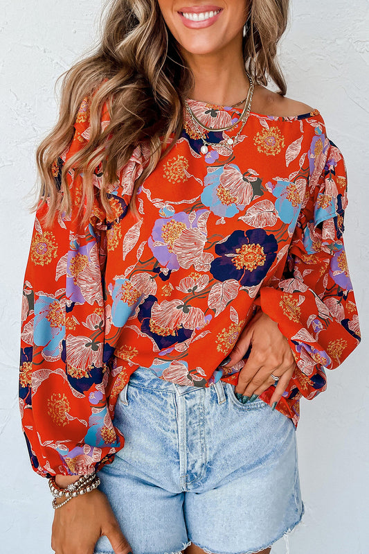 Blusa de manga abullonada con volante y estampado floral roja 