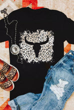 Black Western Leopard Steer Head Print Casual T Shirt