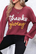 Red Sandalwood Thanks Giving Letter Graphic Crew Neck Sweater