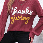 Red Sandalwood Thanks Giving Letter Graphic Crew Neck Sweater