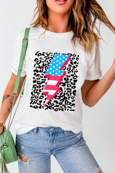 White Leopard American Flag Lightning Graphic T Shirt