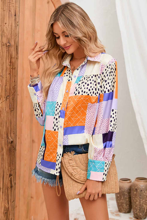 Multicolor Mixed Print Button Front Cuffed Sleeve Shirt