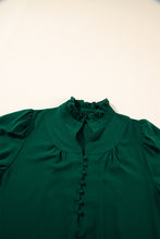 Blackish Green Solid Puff Sleeve Frilled Trim Elegant Blouse