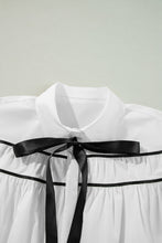 White Black Pipping Ribbon Bowtie Collared Ruffled Puff Sleeve Shirt