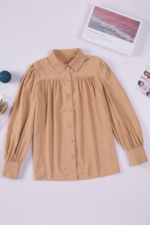 Solid Color Button Up Puff Sleeve Blouse