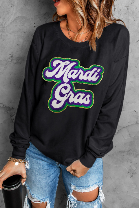 Black Mardi Gras Chenille Patched Graphic Drop Shoulder Sweatshirt