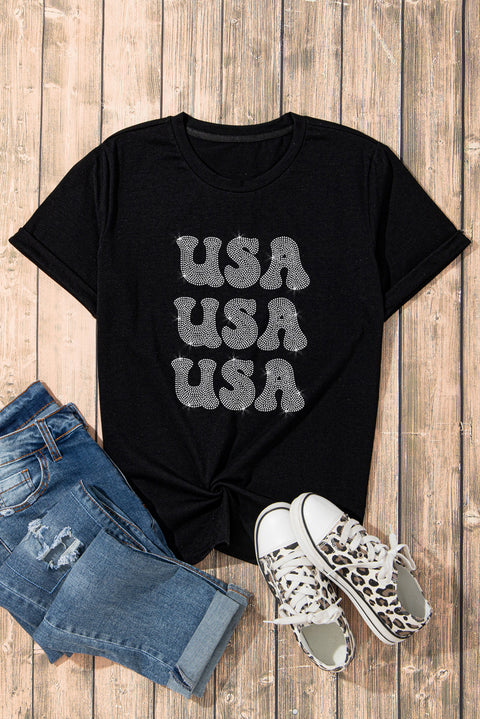 Black Rhinestone USA Graphic Crewneck T Shirt