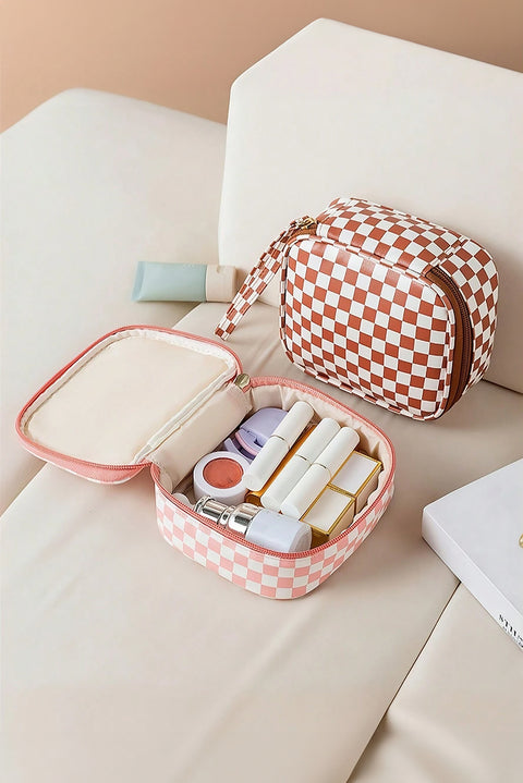 Light Pink Checkered Pattern Small Cosmetic Bag