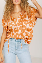 Orange Satin Floral Puff Sleeve Tied Split Neck Top