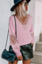 Black Hollowed Lace Splicing V Neck Loose Sweater