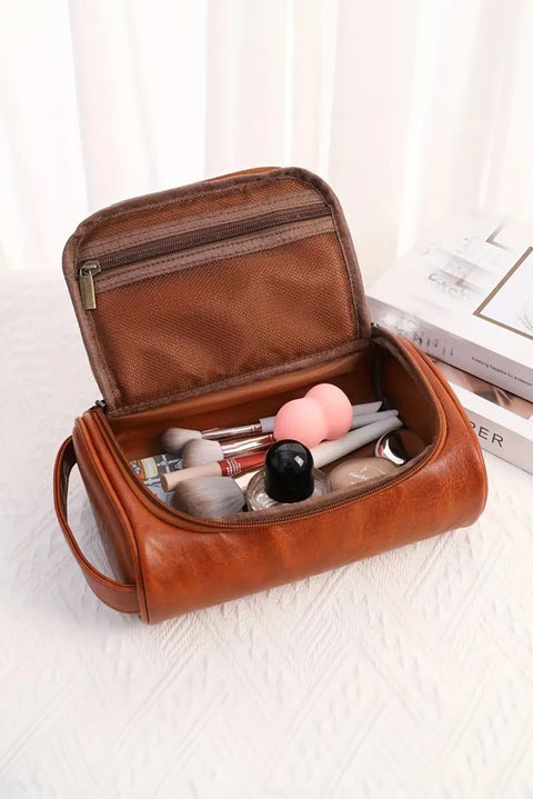 Chestnut PU Leather Multifunctional Handle Large Makeup Bag